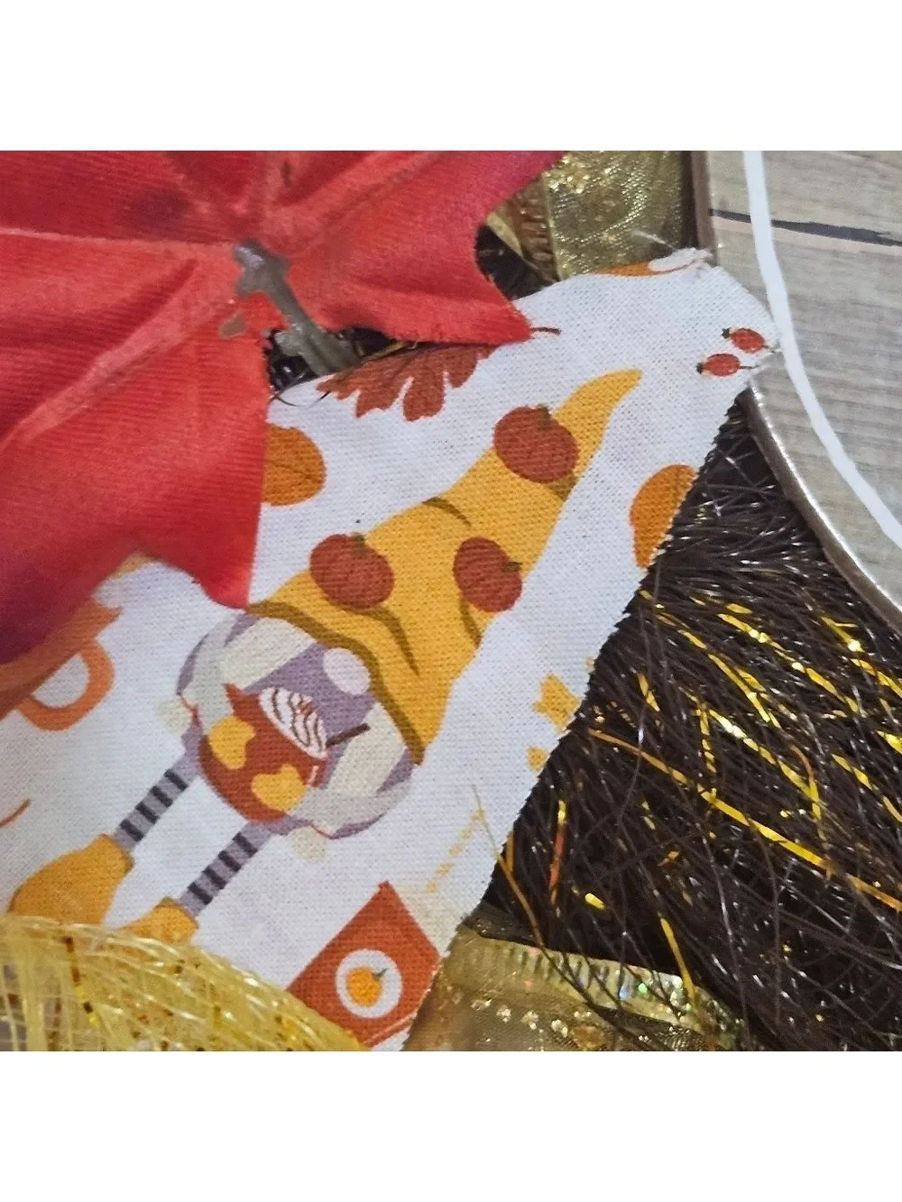 Hand Crafted handmade holiday wreath Harvest Blessings Gnome fabric plaid ribbon